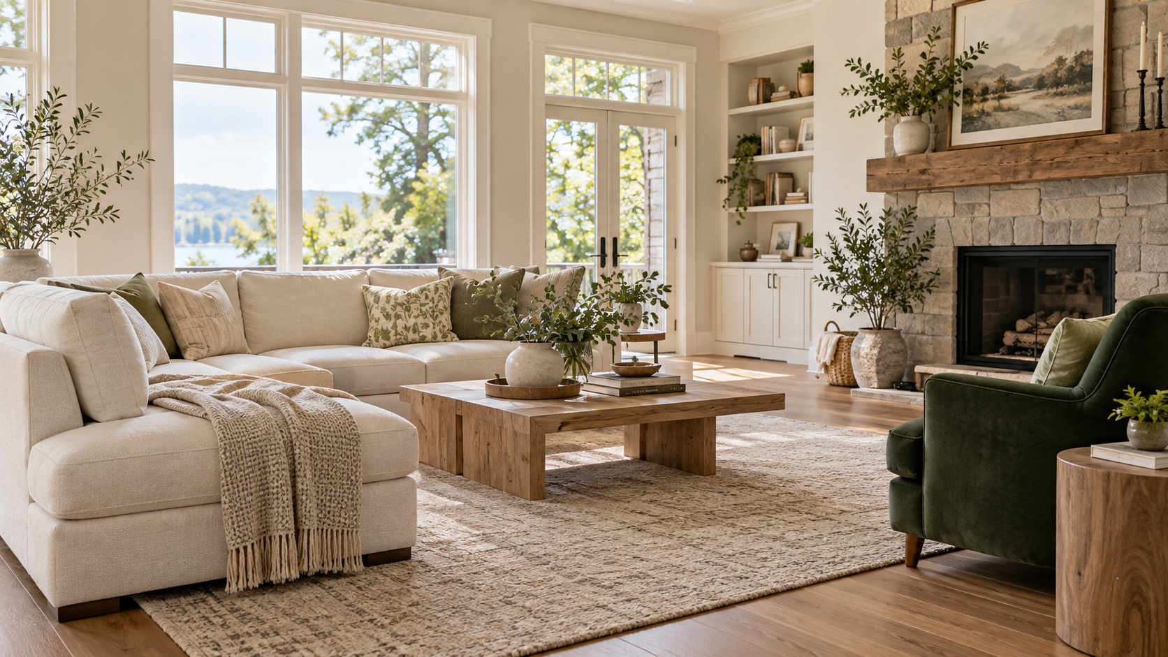 Illustrative sunlit living room with carefully arranged furnishings